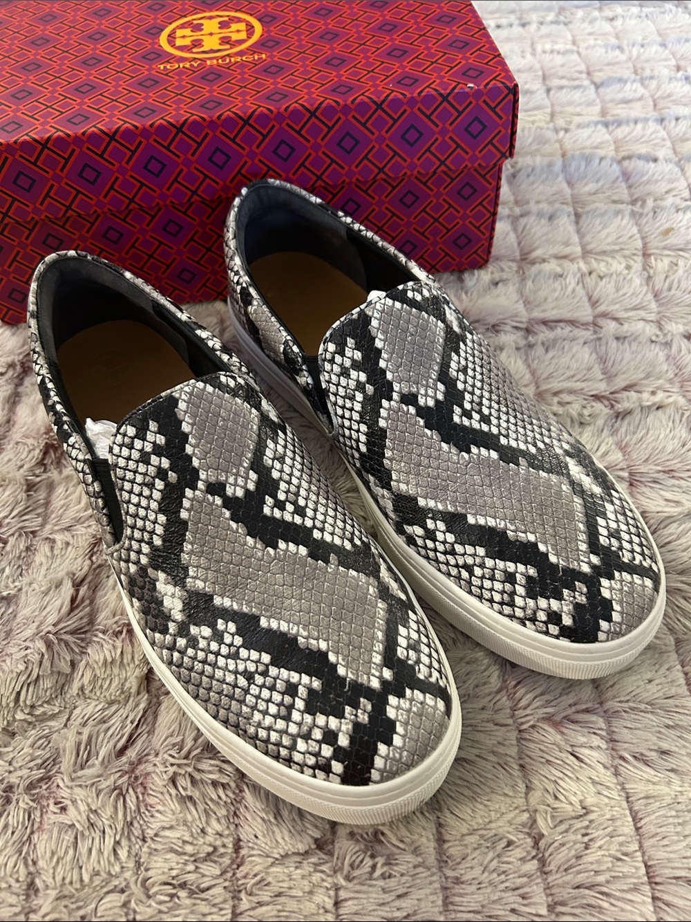 Tory Burch Black & Gray Snake-Print Slip-On Sneakers